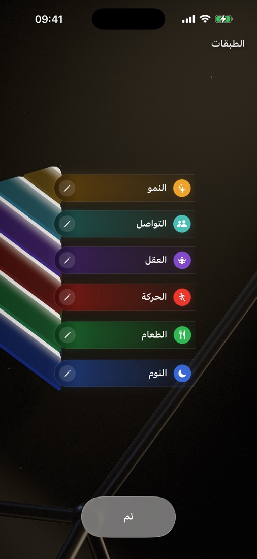شاشة الطبقات — ستة أشعة ضوء تسمّي كل طبقة في الهرم