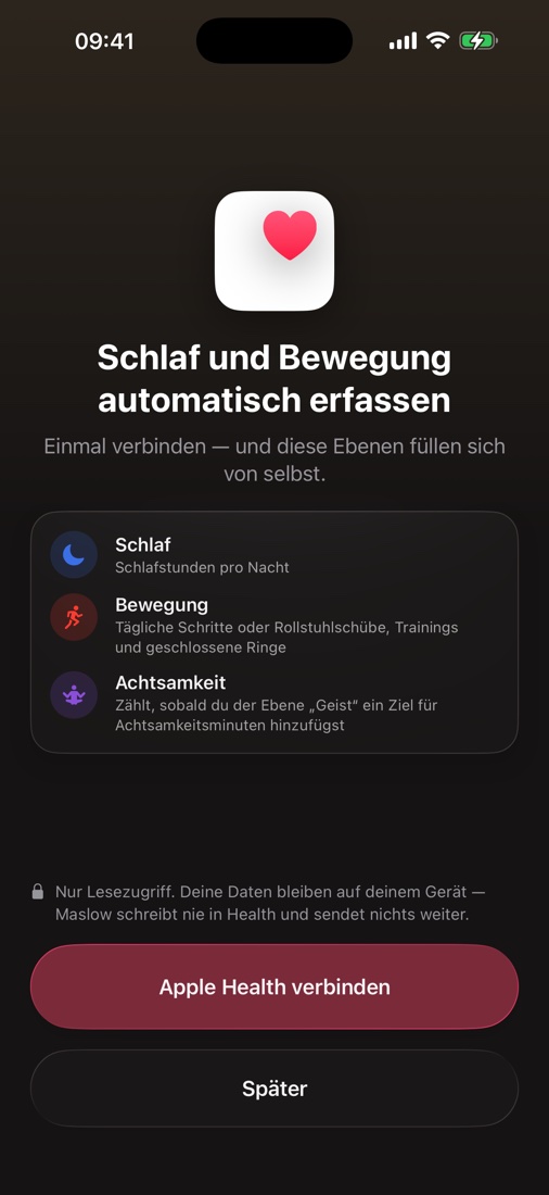 Apple-Health-Verbindung — Schlaf, Bewegung und Geist automatisch erfassen