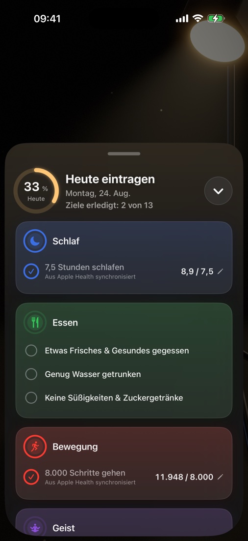 „Heute eintragen“ mit Zielen, gruppiert nach Schichten