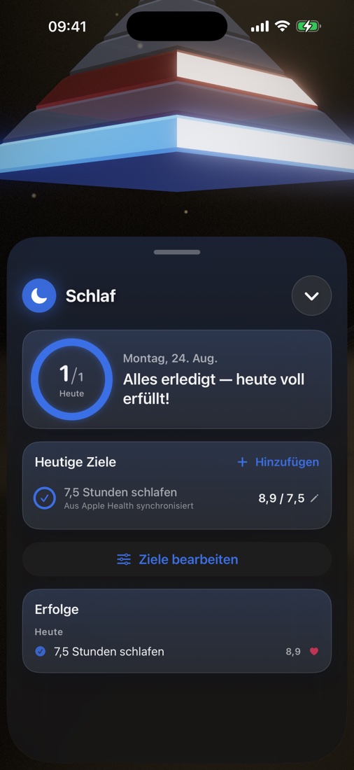 Schicht „Schlaf“ mit den heutigen Zielen und Erfolgen