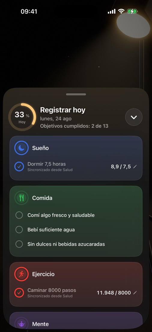 Pantalla «Registrar hoy» con las metas agrupadas por capa