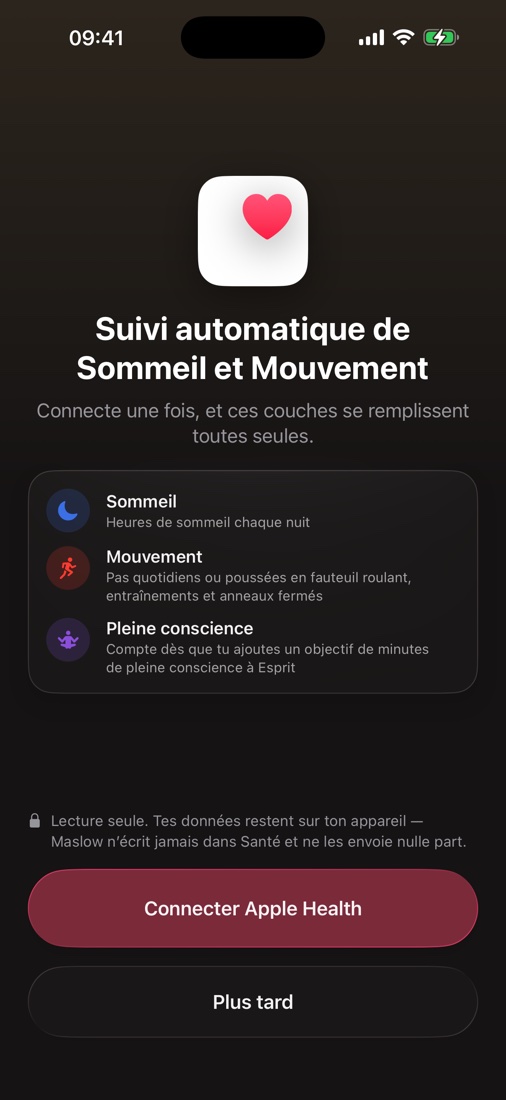 Écran de connexion Apple Health — suivre Sommeil, Exercice et Esprit automatiquement