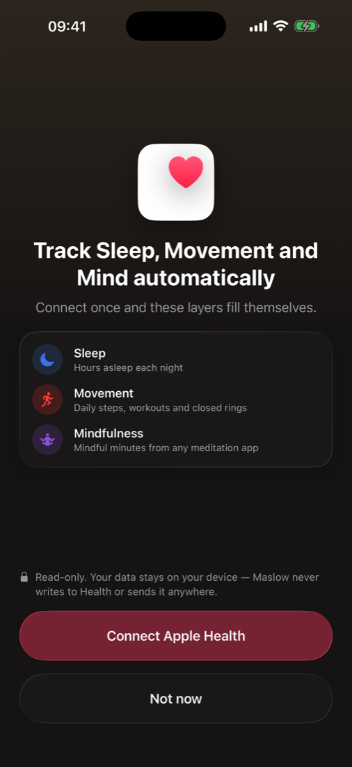 Apple Health connection sheet — track Sleep, Movement and Mind automatically