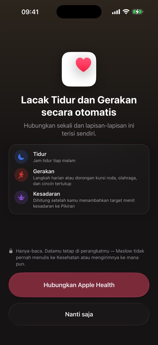 Layar penghubung Apple Health — pantau Tidur, Olahraga, dan Pikiran otomatis