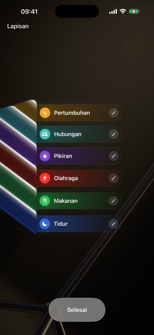 Layar lapisan — enam berkas cahaya menamai tiap lapisan piramida