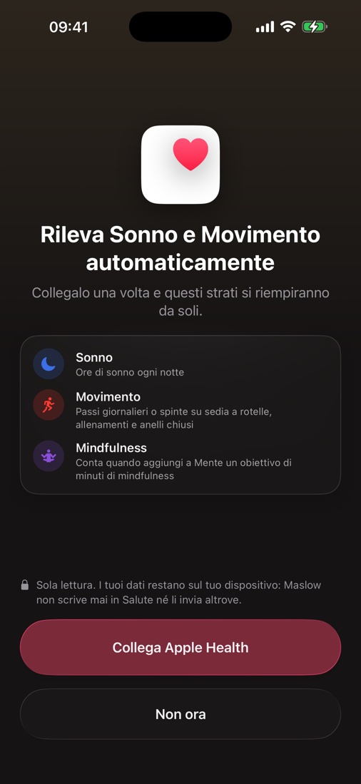Schermata di collegamento ad Apple Health: monitora Sonno, Esercizio e Mente in automatico