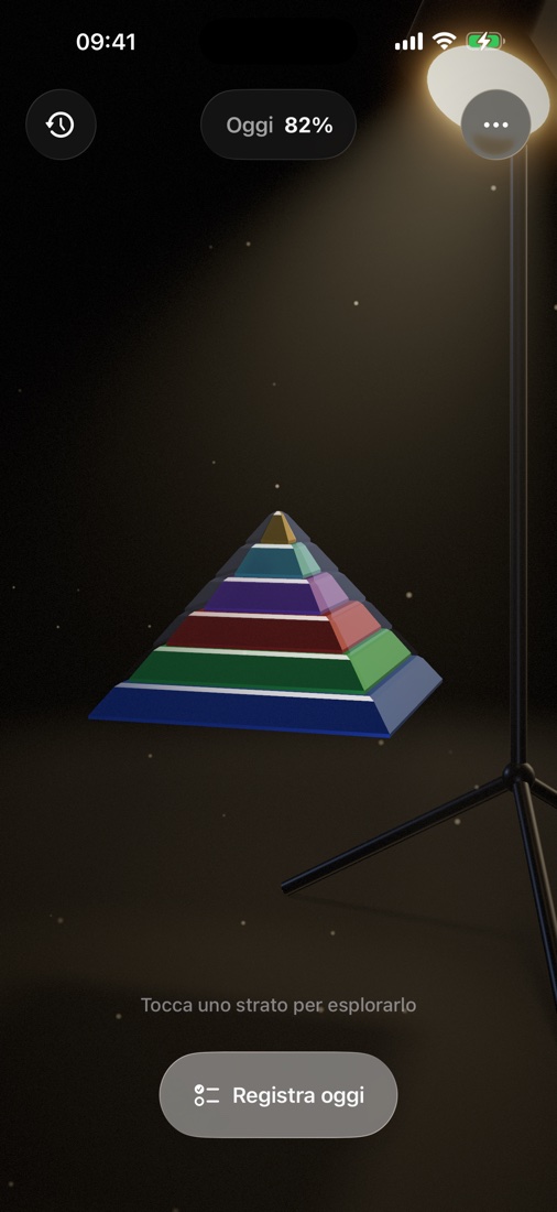 La piramide di Maslow: sei strati colorati sotto la luce calda di un proiettore da studio
