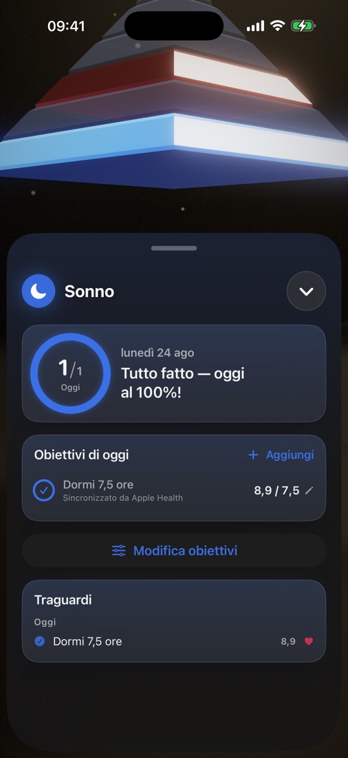 Pannello dello strato Sonno con obiettivi e traguardi di oggi