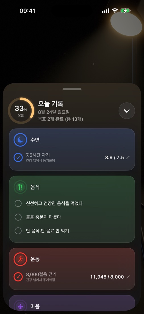 층별로 목표가 묶인 '오늘 기록' 화면