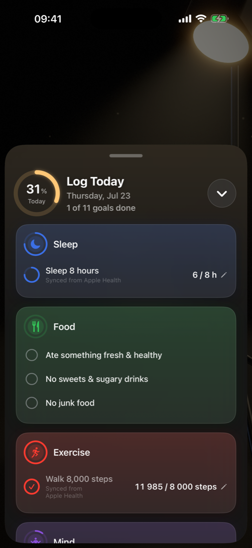 Log Today sheet with goals grouped by layer