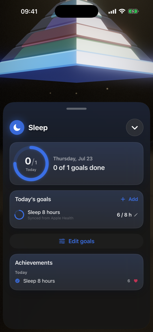 Sleep layer panel with today's goals and achievements