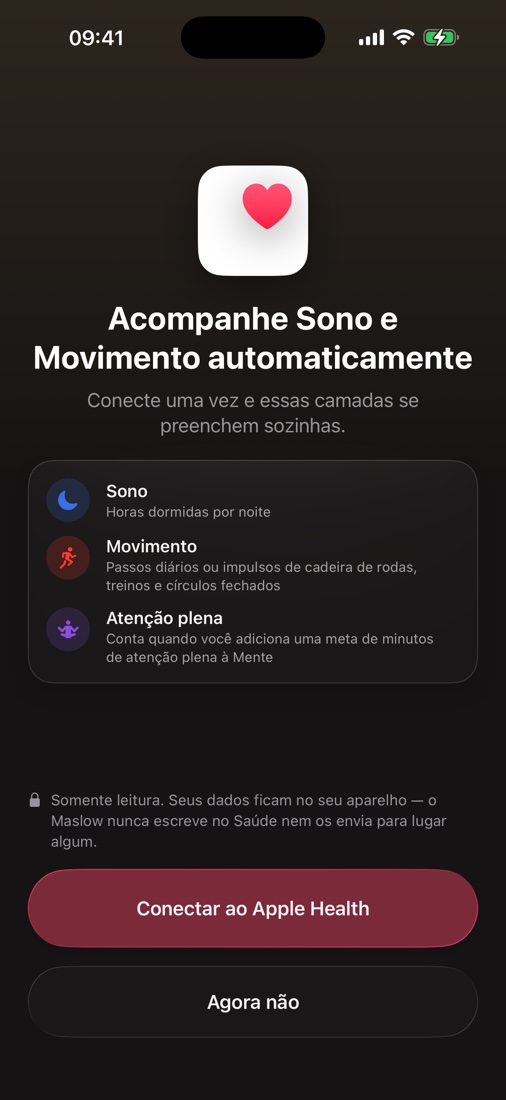 Tela de conexão com o Apple Health — acompanhe Sono, Exercício e Mente automaticamente
