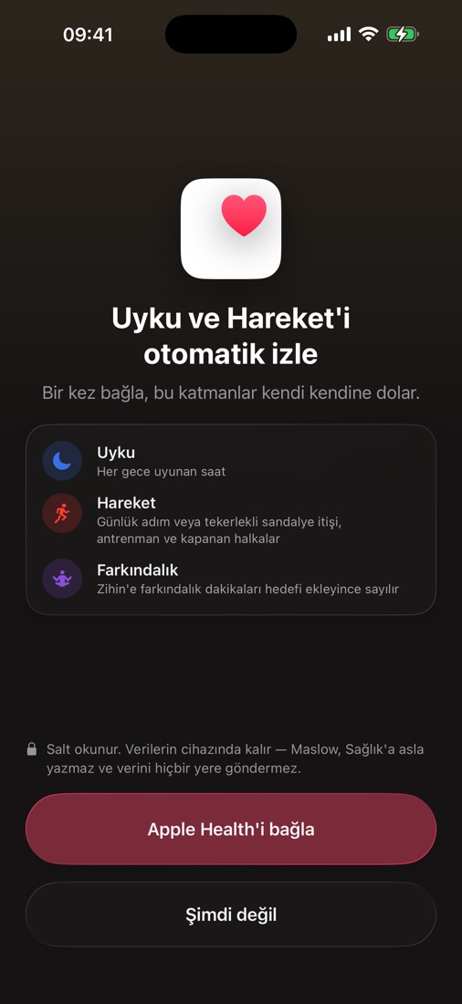 Apple Health bağlantı ekranı — Uyku, Egzersiz ve Zihin otomatik izlenir