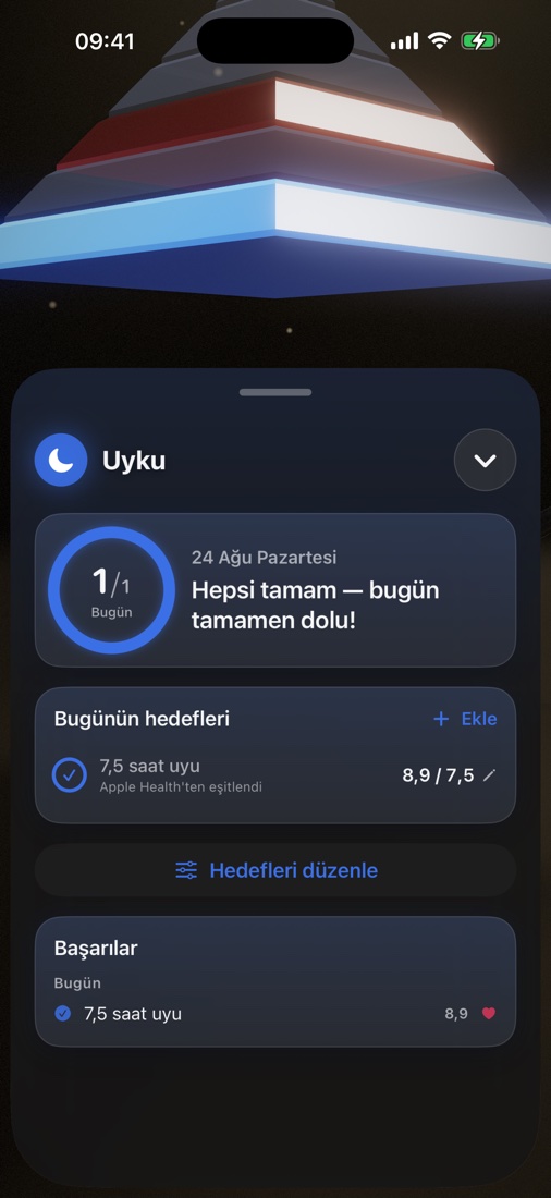 Bugünün hedefleri ve başarılarıyla Uyku katmanı paneli