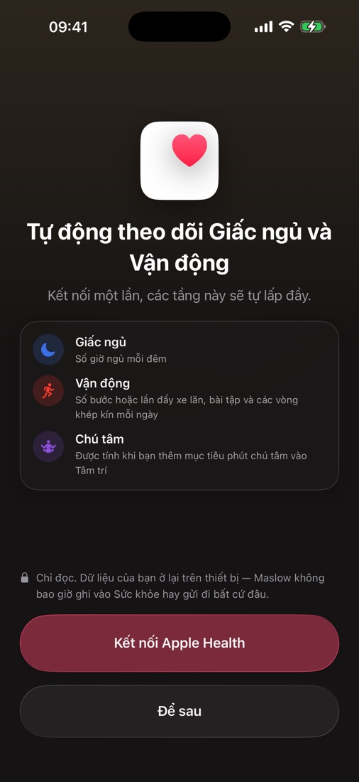 Màn hình kết nối Apple Health — tự động theo dõi Giấc ngủ, Vận động và Tâm trí