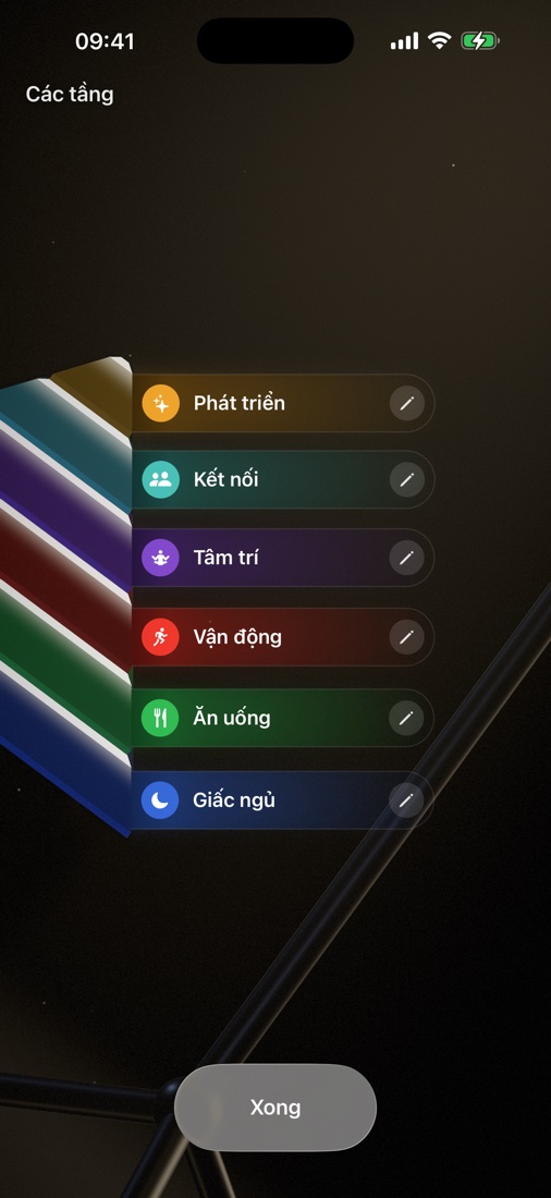 Màn hình các tầng — sáu vệt sáng gọi tên từng tầng của kim tự tháp